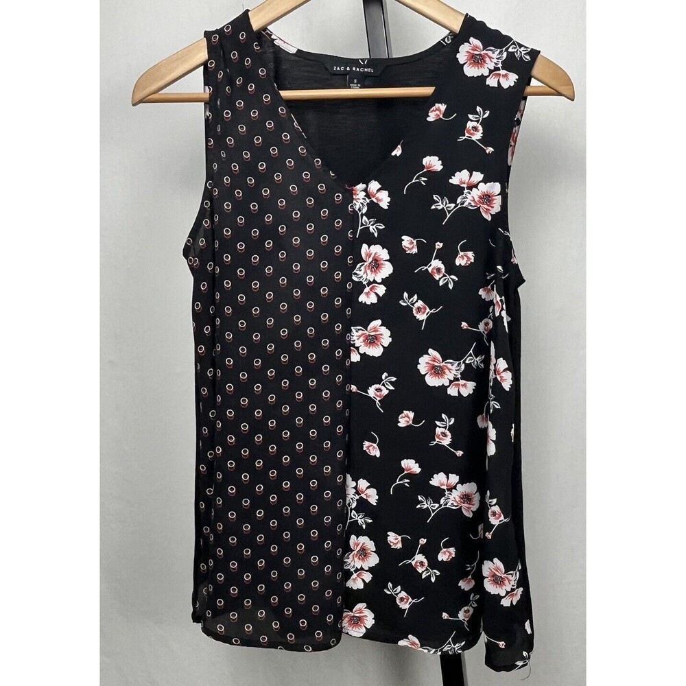Zac & Rachel Top Sleeveless Blouse V Neck Floral Polka Dot Black Small Career